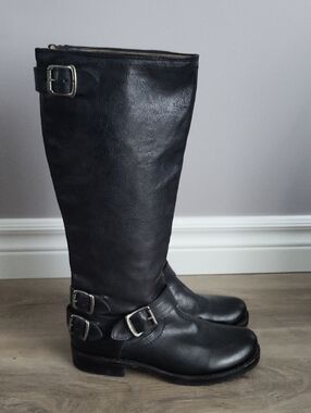 FRYE Veronica Tall Black Leather Engineer Moto Boots - Style 76554 SZ 6
